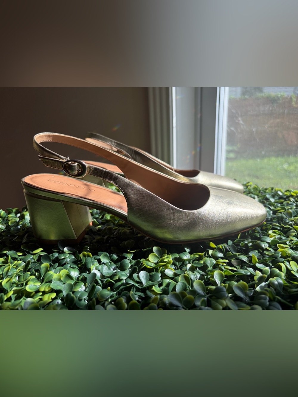 Bernardo Gold Metallic Leather Slingback Block Heel Pumps 10M